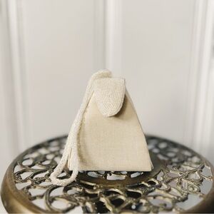 Vintage Satin Ivory Cream Triangle Purse with Glass Bead Wrist Loop